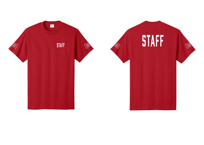 NYC Factory Custom Logo Staff T-Shirt, Condensed Lettering - Chest + Back + Your Logo Sleeves - Red