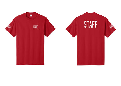 NYC Factory Custom Logo Staff T-Shirt, Condensed Lettering - Your Logo + Back + US Flag Sleeve - Red