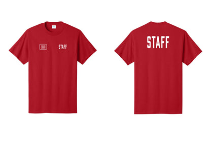 NYC Factory Custom Logo Staff T-Shirt, Condensed Lettering - STAFF + Your Logo + Back - Red