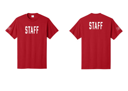 NYC Factory Custom Logo Staff T-Shirt, Condensed Lettering - Front + Back + Your Logo Sleeve - Red