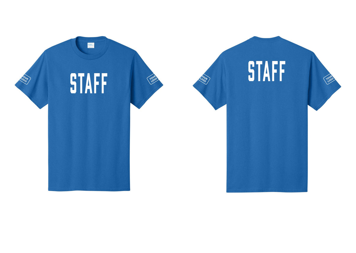 NYC Factory Custom Logo Staff T-Shirt, Condensed Lettering - Front + Back + Your Logo Sleeves - Royal