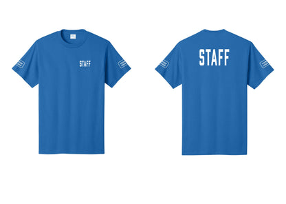 NYC Factory Custom Logo Staff T-Shirt, Condensed Lettering - Chest + Back + Your Logo Sleeves - Royal