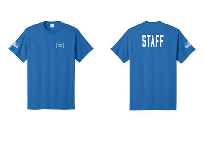 NYC Factory Custom Logo Staff T-Shirt, Condensed Lettering - Your Logo + Back + US Flag Sleeve - Royal