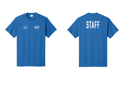 NYC Factory Custom Logo Staff T-Shirt, Condensed Lettering - STAFF + Your Logo + Back - Royal