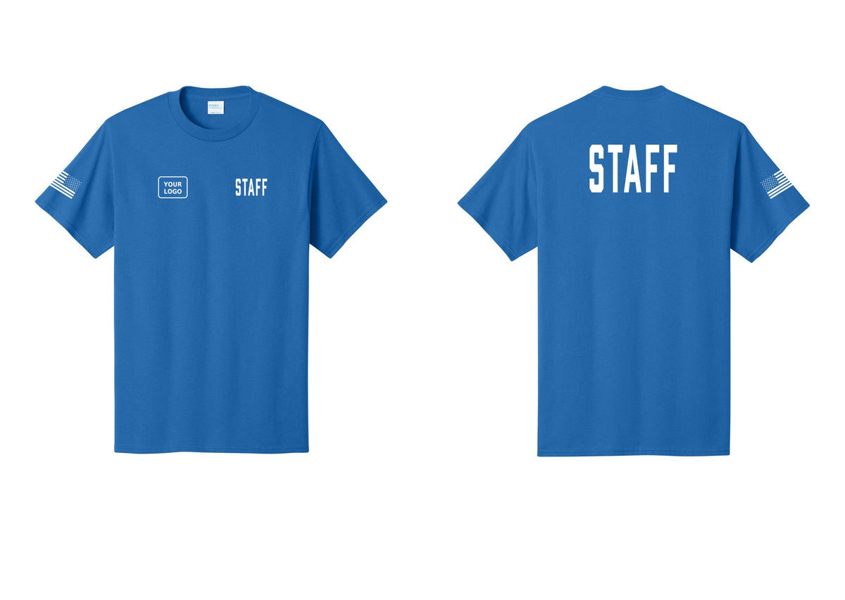 NYC Factory Custom Logo Staff T-Shirt, Condensed Lettering - STAFF + Your Logo + Back + US Flag Sleeve - Royal