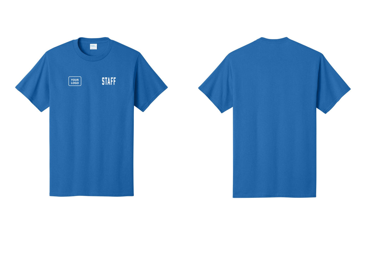 NYC Factory Custom Logo Staff T-Shirt, Condensed Lettering - STAFF + Your Logo - Royal