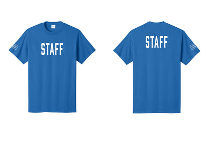 NYC Factory Custom Logo Staff T-Shirt, Condensed Lettering - Front + Back + Your Logo Sleeve - Royal