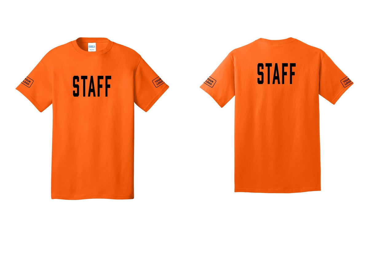 NYC Factory Custom Logo Staff T-Shirt, Condensed Lettering - Front + Back + Your Logo Sleeves - Safety Orange