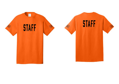 NYC Factory Custom Logo Staff T-Shirt, Condensed Lettering - Front + Back + Your Logo Sleeves - Safety Orange