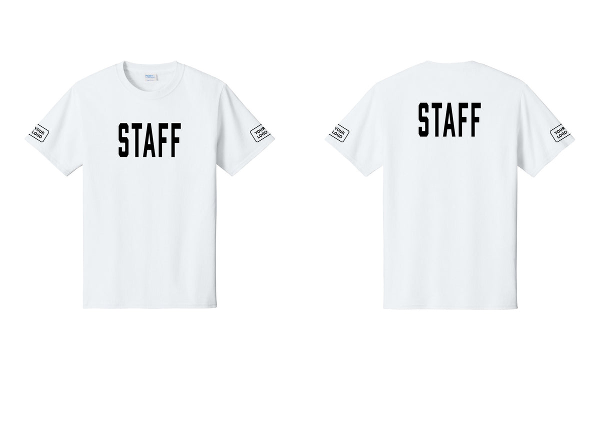 NYC Factory Custom Logo Staff T-Shirt, Condensed Lettering - Front + Back + Your Logo Sleeves - White