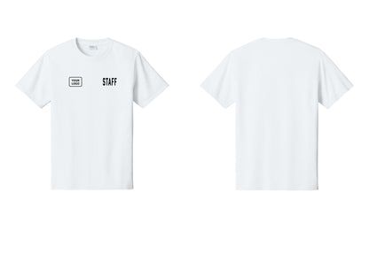 NYC Factory Custom Logo Staff T-Shirt, Condensed Lettering - STAFF + Your Logo - White