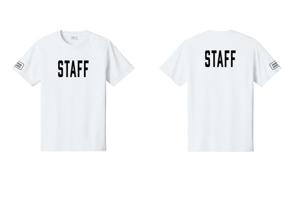 NYC Factory Custom Logo Staff T-Shirt, Condensed Lettering - Front + Back + Your Logo Sleeve - White