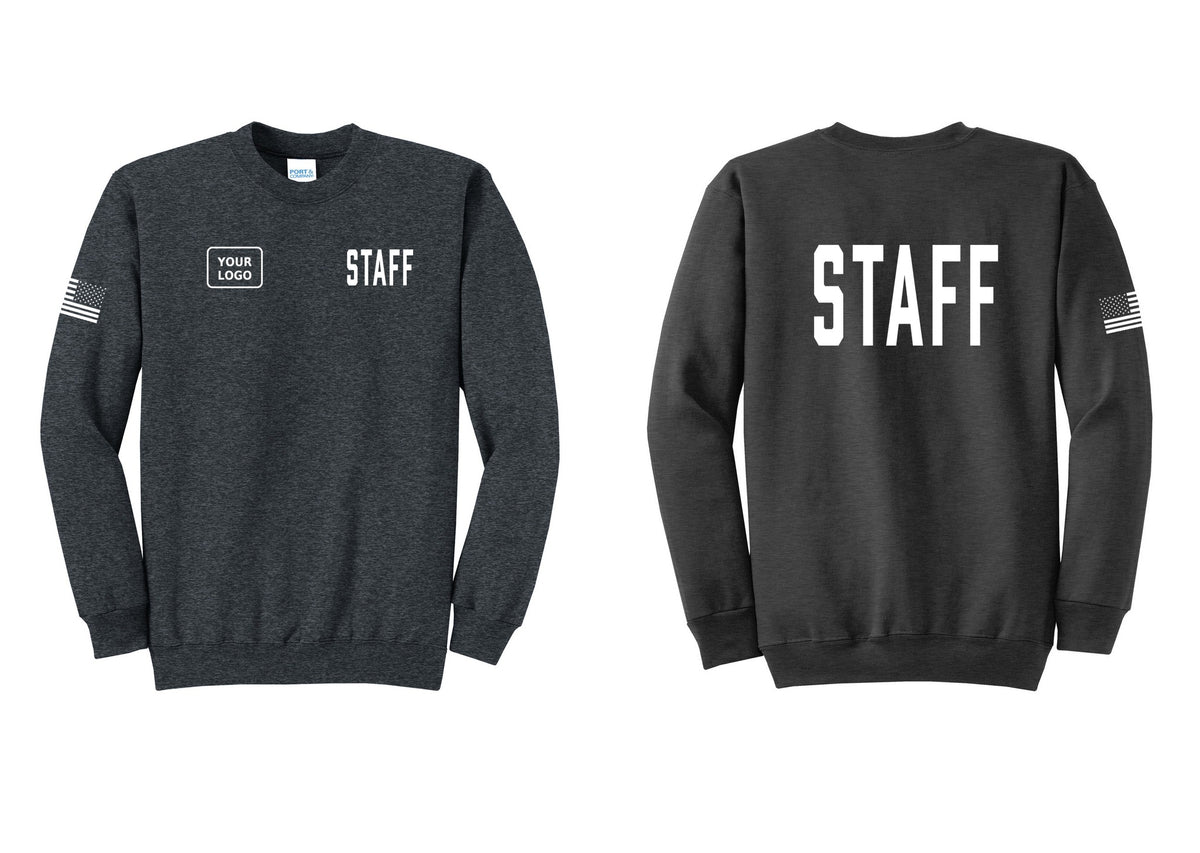 NYC Factory Custom Logo Staff Cotton Fleece Crewneck Sweatshirt (Classic) - STAFF + Your Logo + Back + US Flag Sleeve - Dark Heather Grey