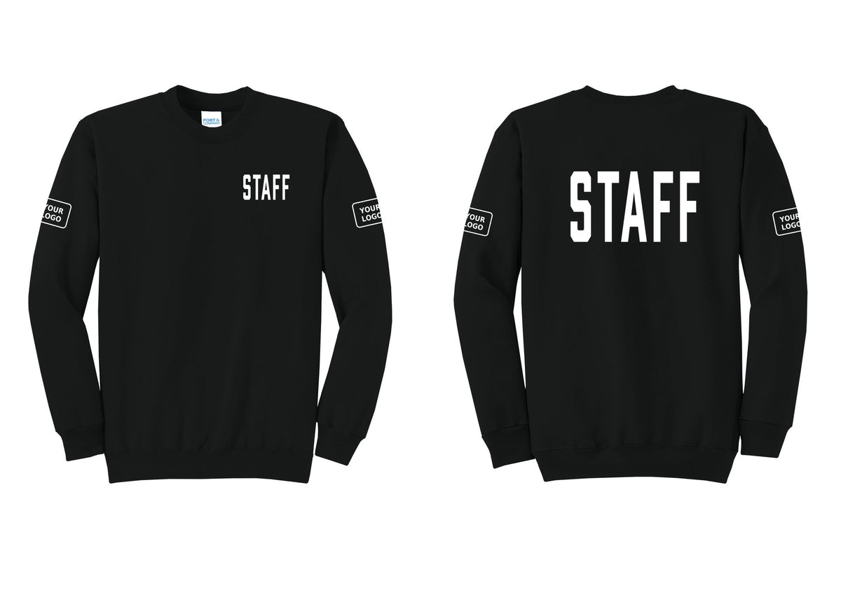 NYC Factory Custom Logo Staff Cotton Fleece Crewneck Sweatshirt (Classic) - Chest + Back + Your Logo Sleeves - Black