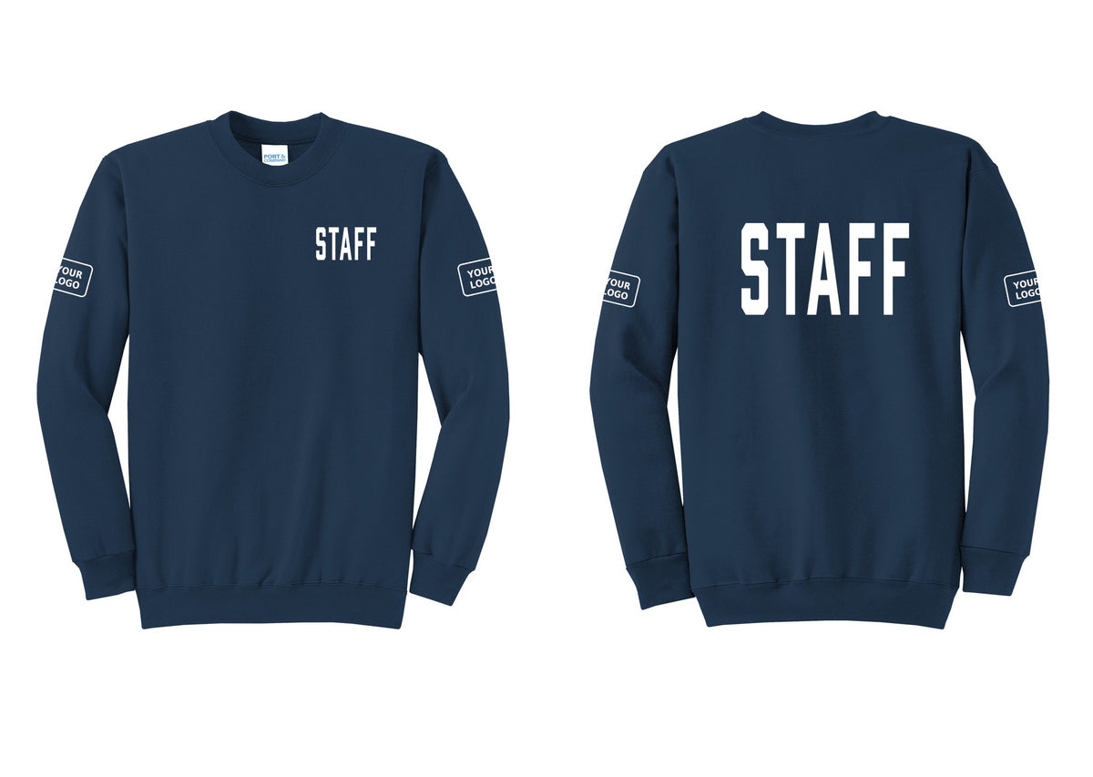 NYC Factory Custom Logo Staff Cotton Fleece Crewneck Sweatshirt (Classic) - Chest + Back + Your Logo Sleeves - Navy