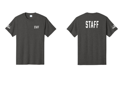 NYC Factory Staff T-Shirt, Condensed Lettering - Chest + Back + US Flag Sleeve - Dark Heather Grey