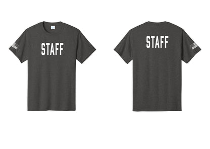 NYC Factory Staff T-Shirt, Condensed Lettering - Front + Back + US Flag Sleeve - Dark Heather Grey