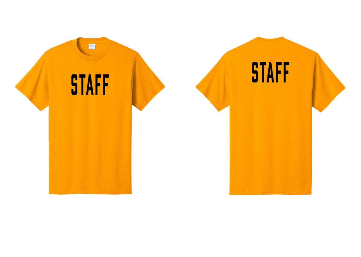 NYC Factory Staff T-Shirt, Condensed Lettering - Front + Back - Gold