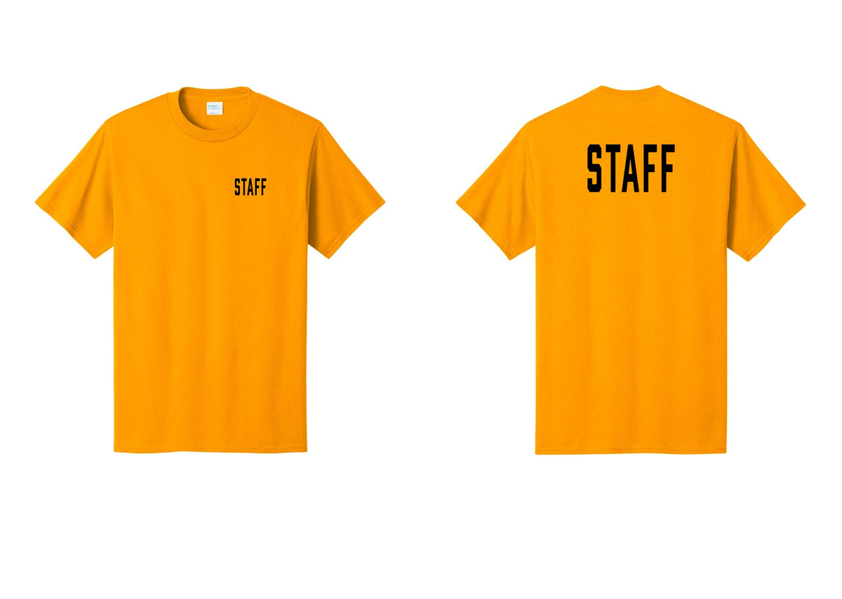 NYC Factory Staff T-Shirt, Condensed Lettering - Chest + Back - Gold