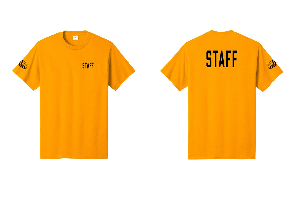 NYC Factory Staff T-Shirt, Condensed Lettering - Chest + Back + US Flag Sleeve - Gold