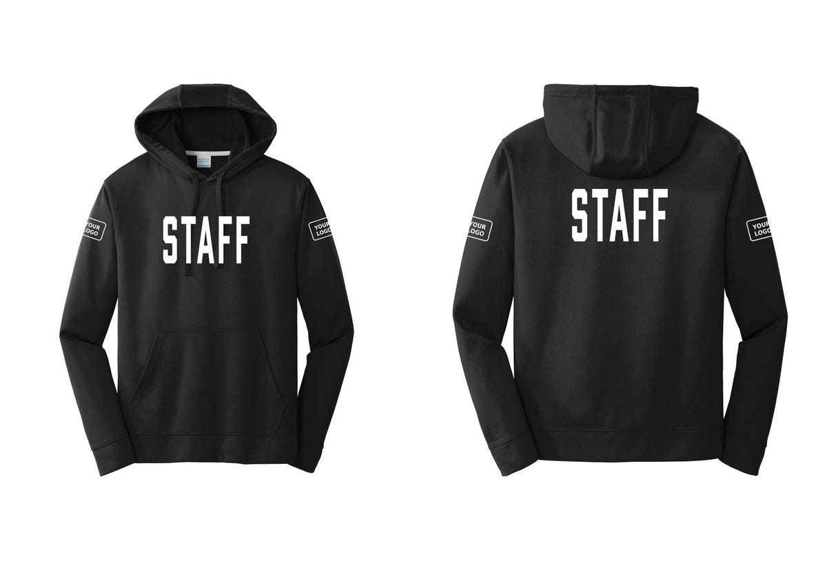 NYC Factory Custom Logo Staff Performance Hooded Fleece Pullover Sweatshirt (Classic) - Front + Back + Your Logo Sleeves - Black
