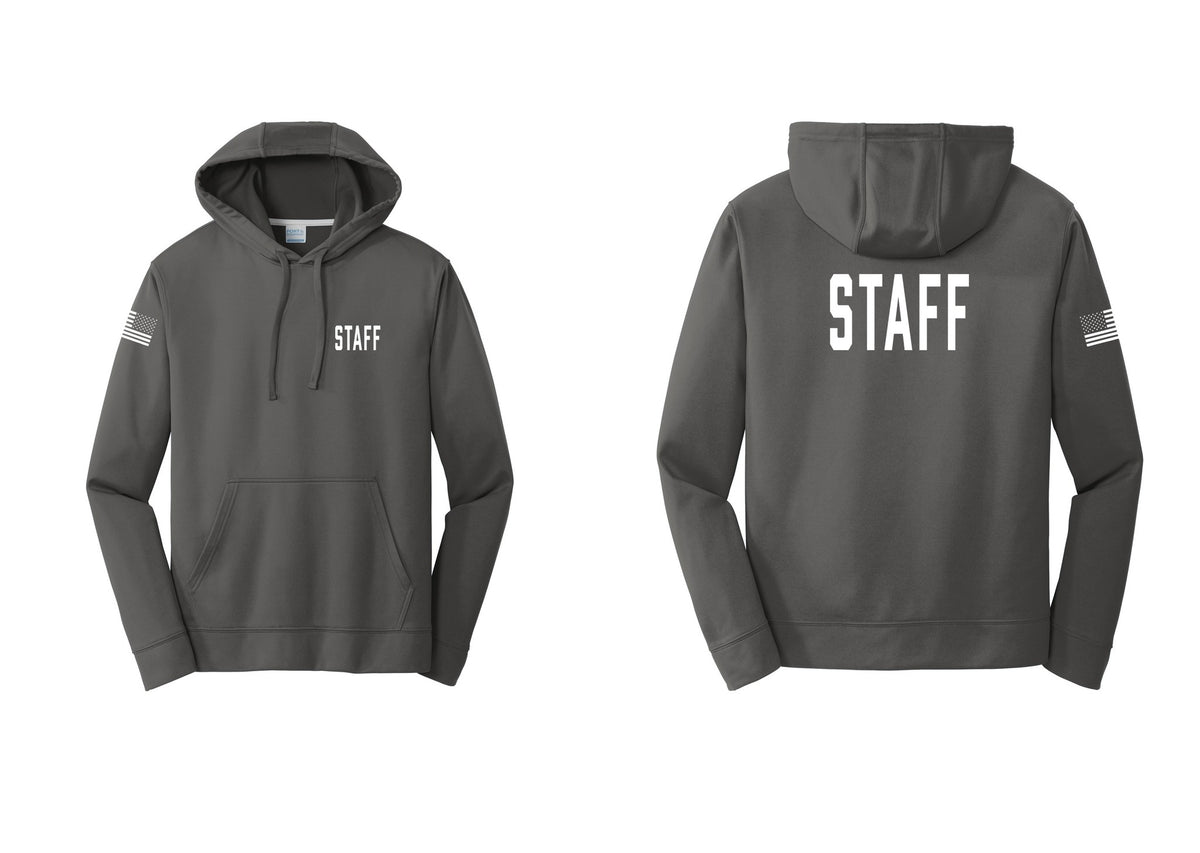 NYC Factory Staff Performance Hooded Fleece Pullover Sweatshirt (Classic) - Chest + Back + US Flag Sleeve - Charcoal