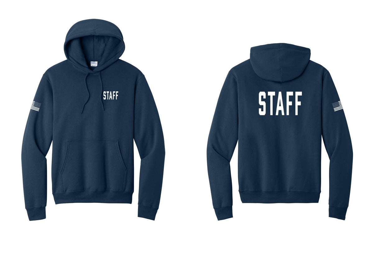 NYC Factory Staff Cotton Fleece Pullover Hoodie (Classic) - Chest + Back + US Flag Sleeve - Navy