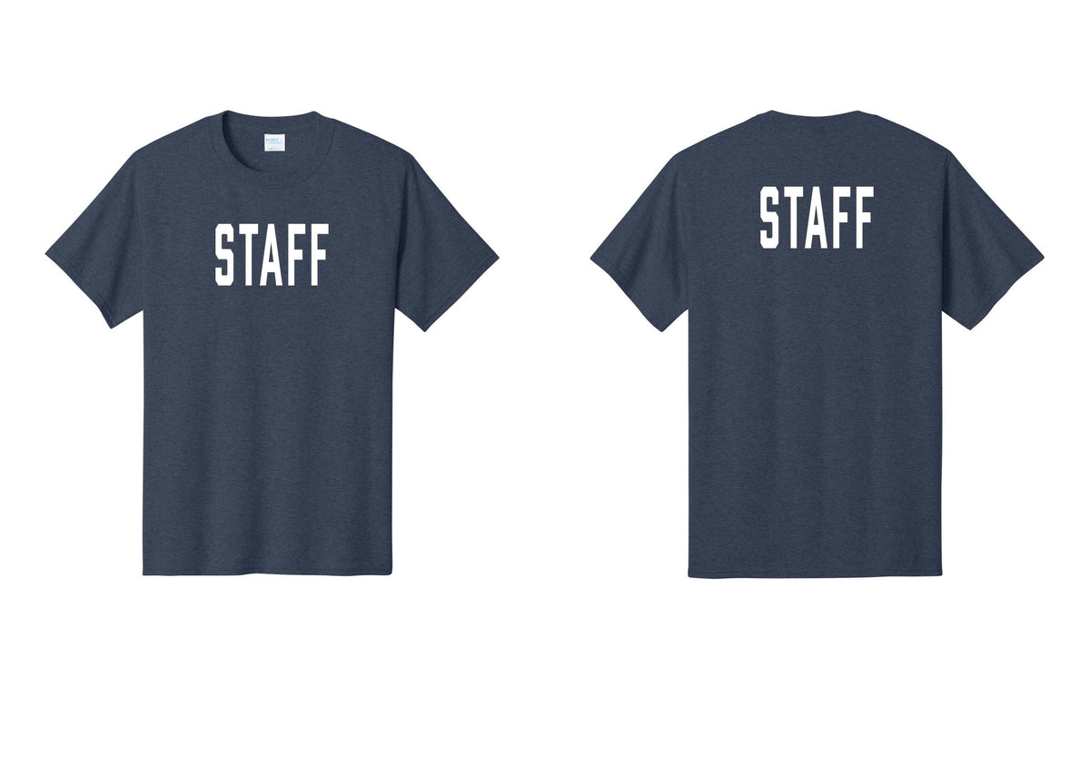 NYC Factory Staff T-Shirt, Condensed Lettering - Front + Back - Heather Navy