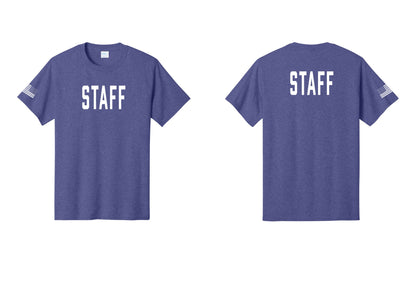 NYC Factory Staff T-Shirt, Condensed Lettering - Front + Back + US Flag Sleeve - Heather Purple