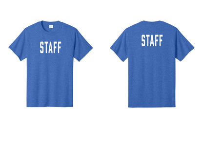 NYC Factory Staff T-Shirt, Condensed Lettering - Front + Back - Heather Royal