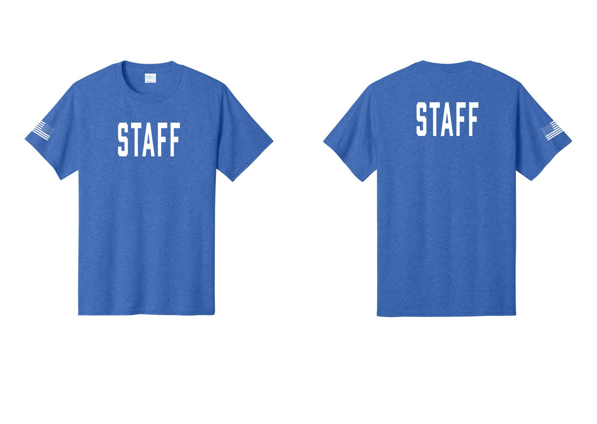 NYC Factory Staff T-Shirt, Condensed Lettering - Front + Back + US Flag Sleeve - Heather Royal