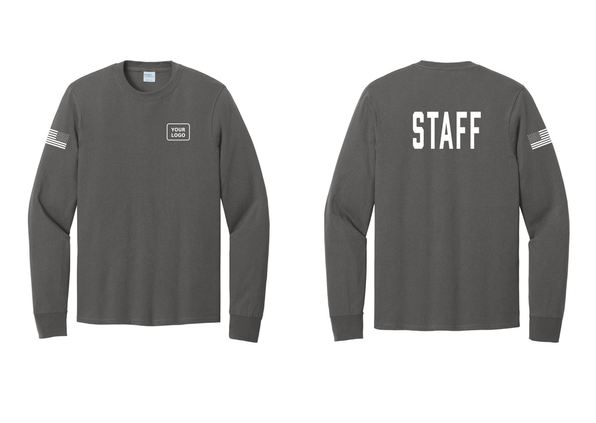 NYC Factory Custom Logo Staff Cotton Long Sleeve T-Shirt (Classic) - Your Logo + Back + US Flag Sleeve - Charcoal