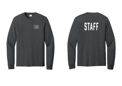NYC Factory Custom Logo Staff Cotton Long Sleeve T-Shirt (Classic) - Your Logo + Back - Dark Heather Grey