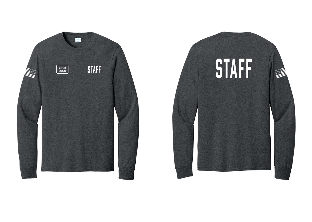 NYC Factory Custom Logo Staff Cotton Long Sleeve T-Shirt (Classic) - STAFF + Your Logo + Back + US Flag Sleeve - Dark Heather Grey