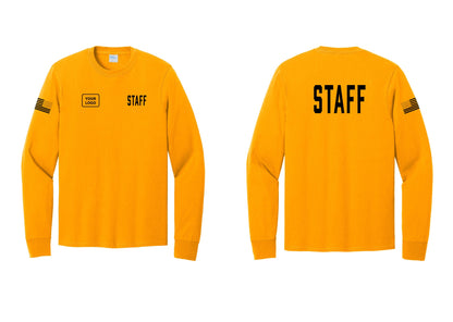 NYC Factory Custom Logo Staff Cotton Long Sleeve T-Shirt (Classic) - STAFF + Your Logo + Back + US Flag Sleeve - Gold