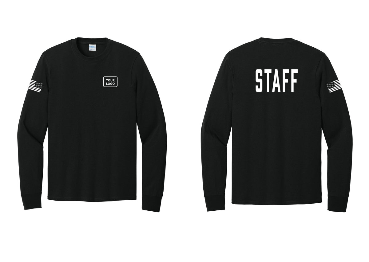 NYC Factory Custom Logo Staff Cotton Long Sleeve T-Shirt (Classic) - Your Logo + Back + US Flag Sleeve - Black