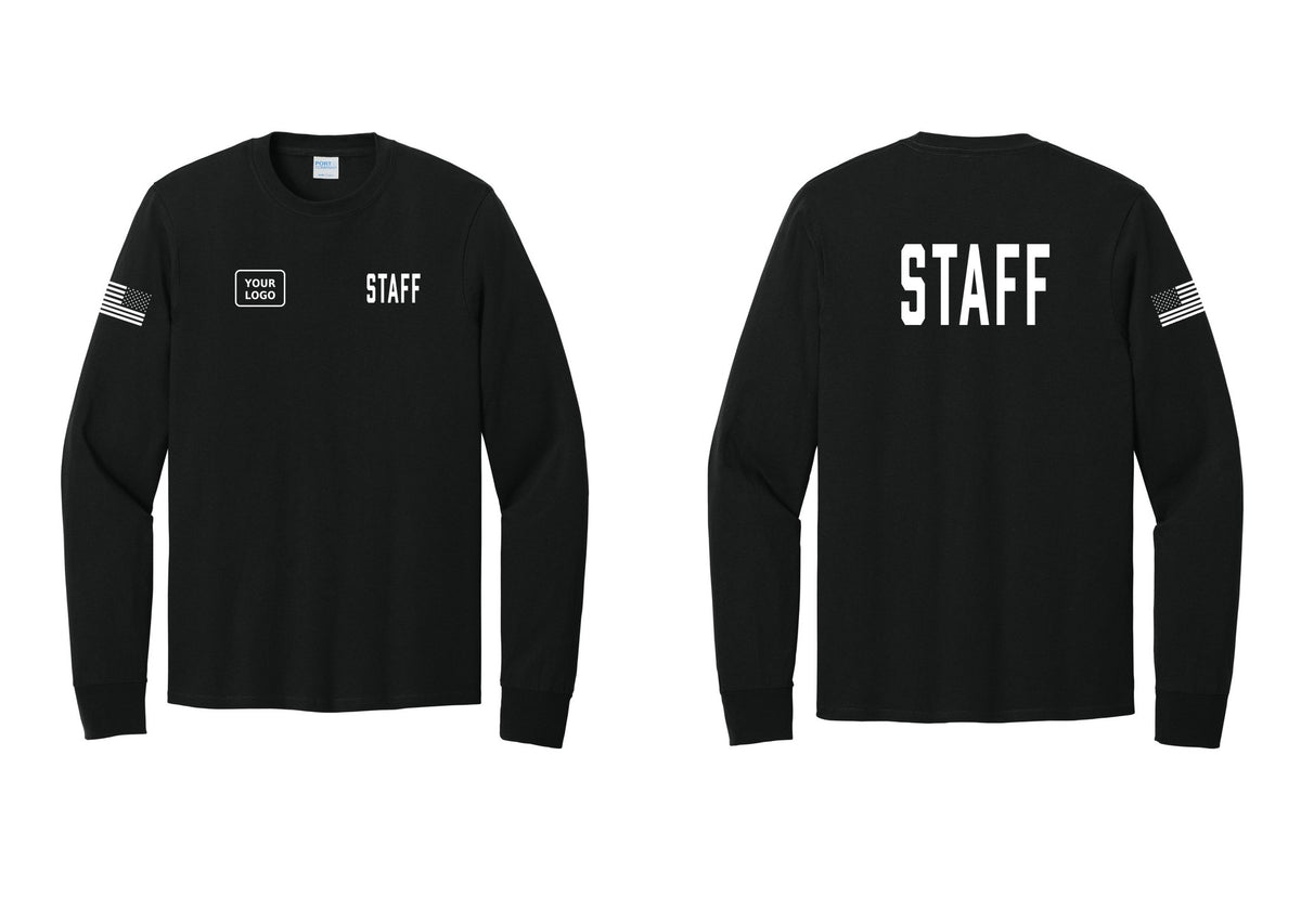 NYC Factory Custom Logo Staff Cotton Long Sleeve T-Shirt (Classic) - STAFF + Your Logo + Back + US Flag Sleeve - Black