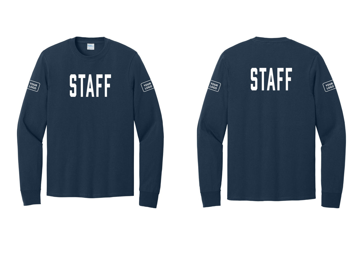 NYC Factory Custom Logo Staff Cotton Long Sleeve T-Shirt (Classic) - Front + Back + Your Logo Sleeves - Navy