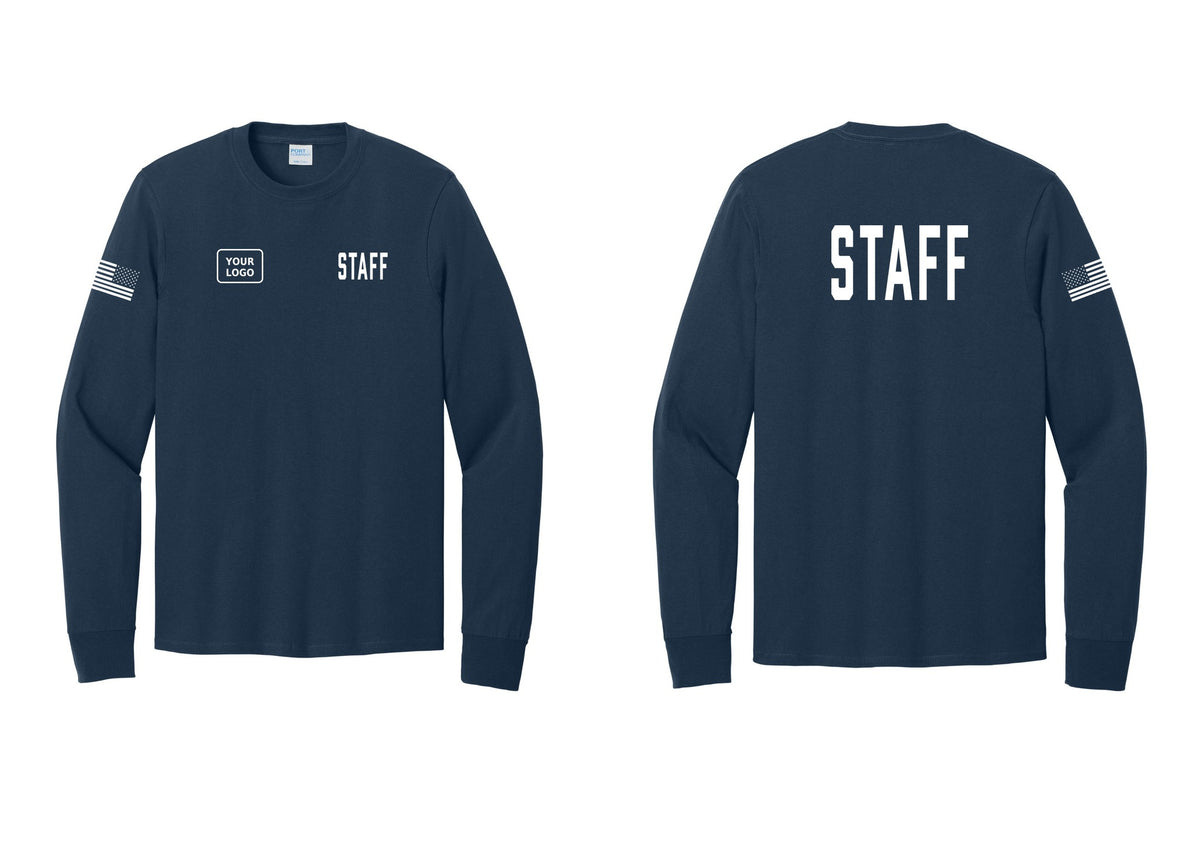 NYC Factory Custom Logo Staff Cotton Long Sleeve T-Shirt (Classic) - STAFF + Your Logo + Back + US Flag Sleeve - Navy