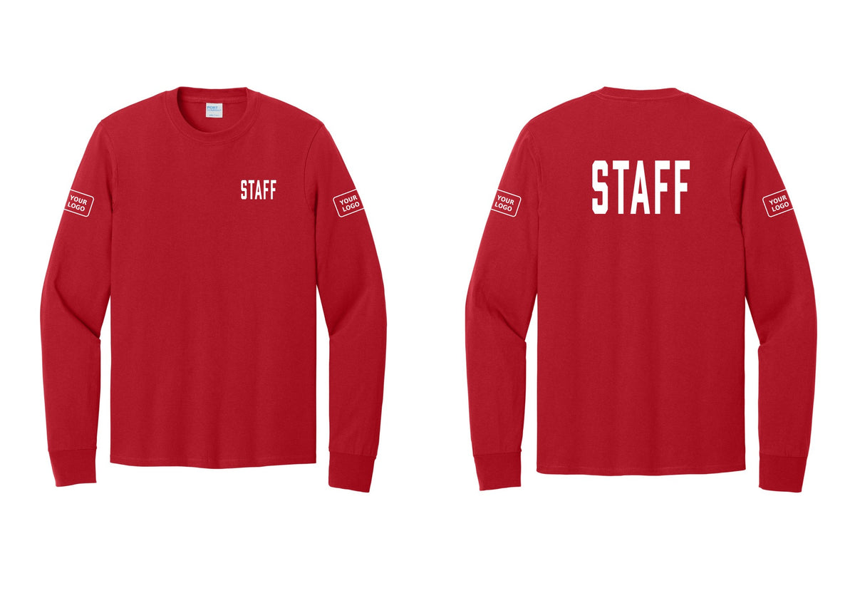 NYC Factory Custom Logo Staff Cotton Long Sleeve T-Shirt (Classic) - Chest + Back + Your Logo Sleeves - Red