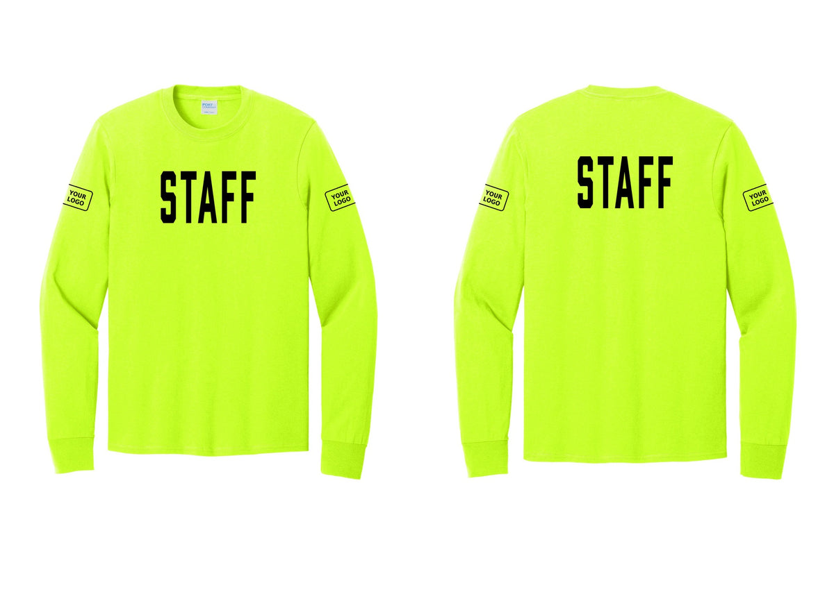 NYC Factory Custom Logo Staff Cotton Long Sleeve T-Shirt (Classic) - Front + Back + Your Logo Sleeves - Safety Green