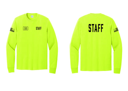 NYC Factory Custom Logo Staff Cotton Long Sleeve T-Shirt (Classic) - STAFF + Your Logo + Back + US Flag Sleeve - Safety Green