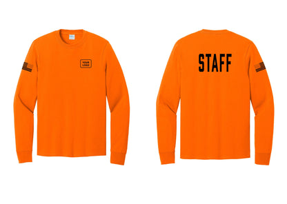 NYC Factory Custom Logo Staff Cotton Long Sleeve T-Shirt (Classic) - Your Logo + Back + US Flag Sleeve - Safety Orange