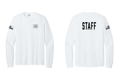 NYC Factory Custom Logo Staff Cotton Long Sleeve T-Shirt (Classic) - Your Logo + Back + US Flag Sleeve - White