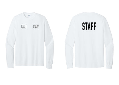 NYC Factory Custom Logo Staff Cotton Long Sleeve T-Shirt (Classic) - STAFF + Your Logo + Back - White