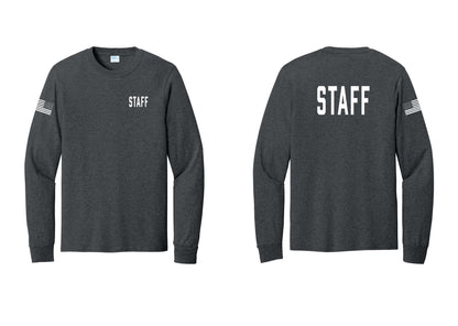 NYC Factory Staff Cotton Long Sleeve T-Shirt (Classic) - Chest + Back + US Flag Sleeve - Dark Heather Grey