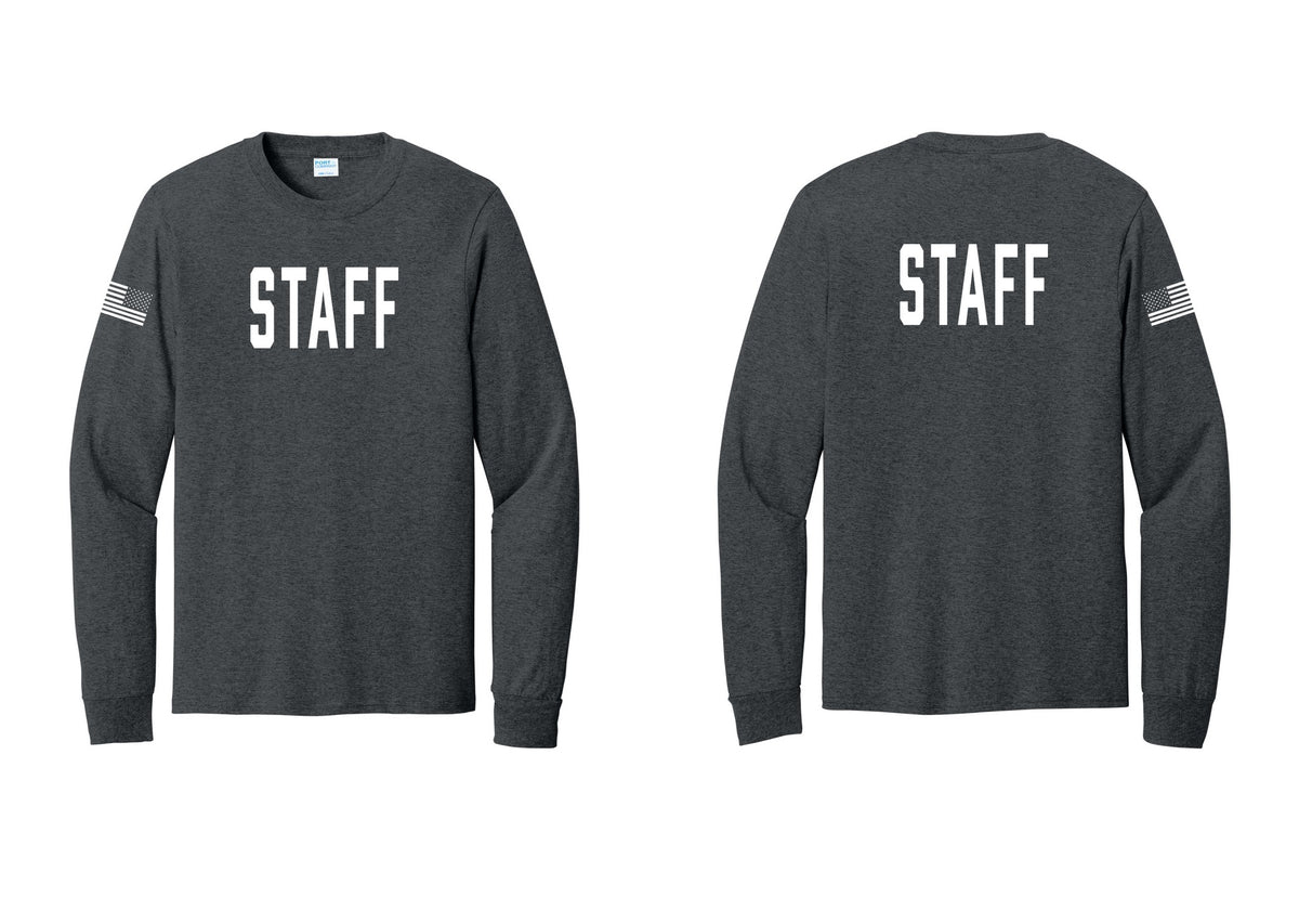 NYC Factory Staff Cotton Long Sleeve T-Shirt (Classic) - Front + Back + US Flag Sleeve - Dark Heather Grey