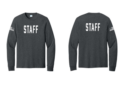 NYC Factory Staff Cotton Long Sleeve T-Shirt (Classic) - Front + Back + US Flag Sleeve - Dark Heather Grey