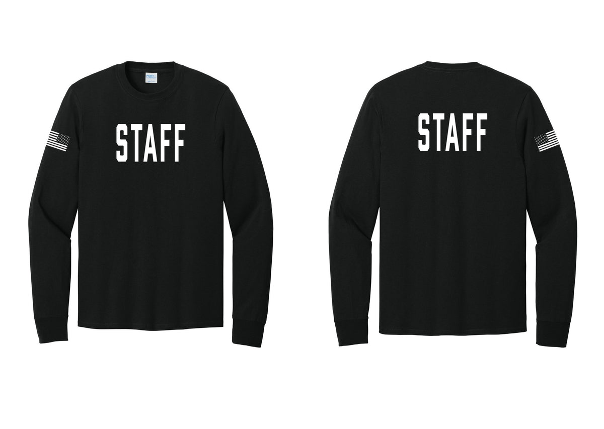NYC Factory Staff Cotton Long Sleeve T-Shirt (Classic) - Front + Back + US Flag Sleeve - Black