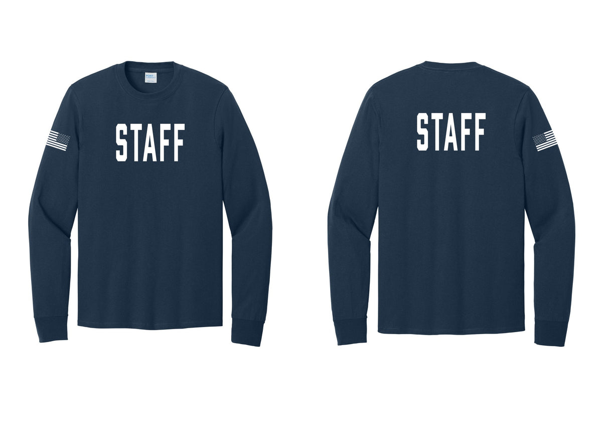 NYC Factory Staff Cotton Long Sleeve T-Shirt (Classic) - Front + Back + US Flag Sleeve - Navy
